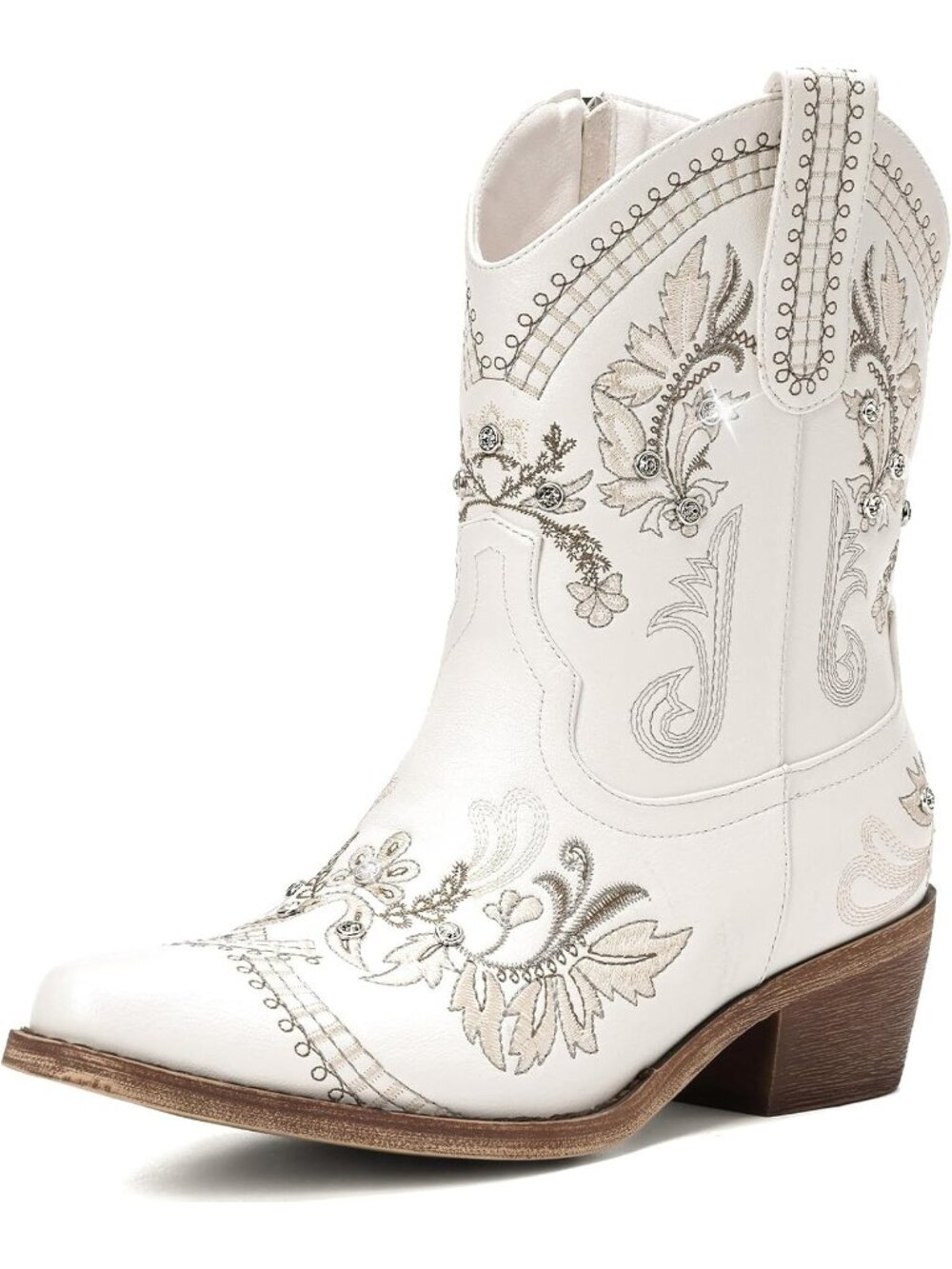 Women’s White Cowboy Boots Rhinestone Embroidered Ankle Booties Toe Chunky Heel